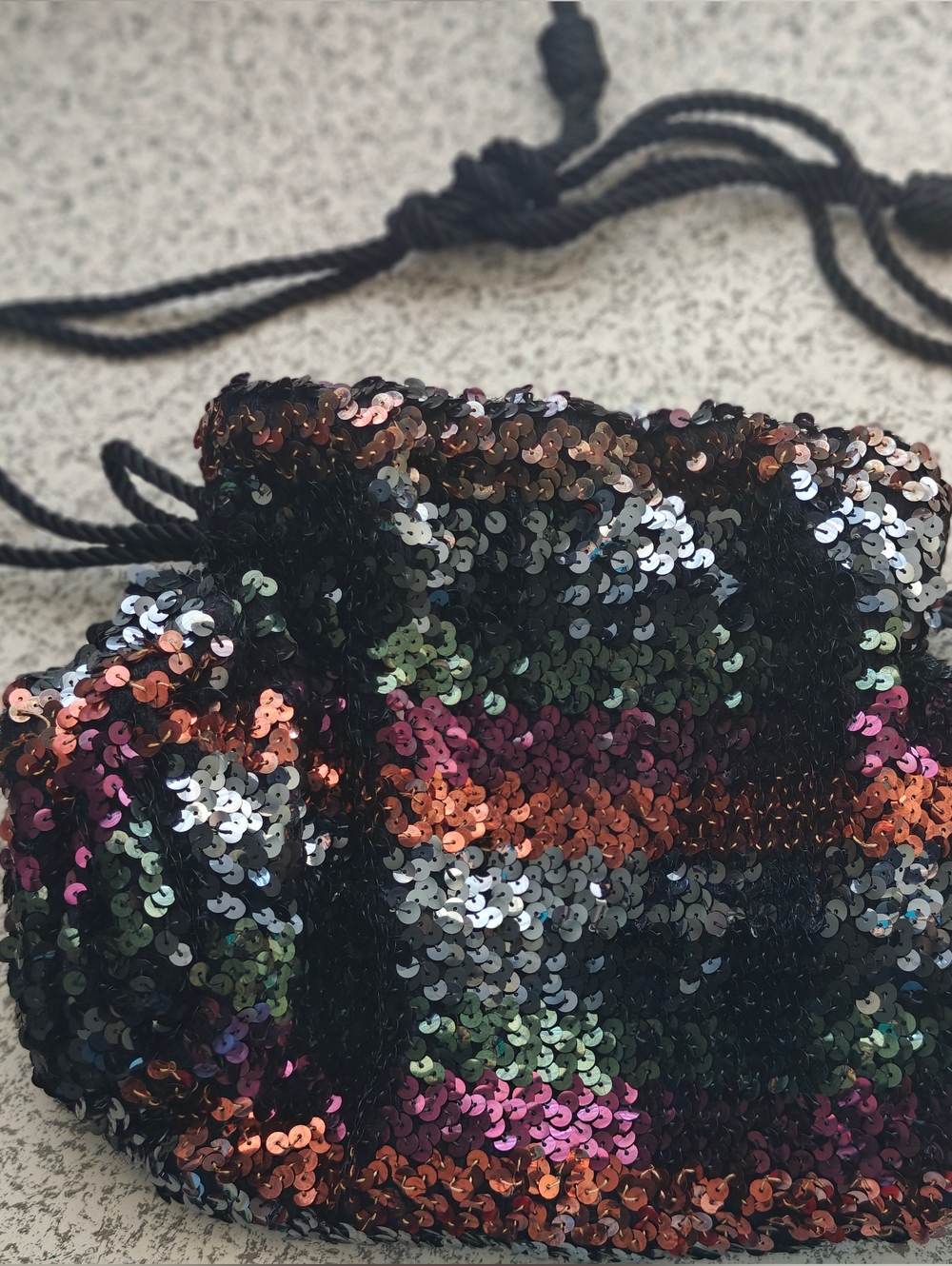 Judith Leiber Sequined Drawstring Bag Pouch Vintage Multicolor Small Rope Black